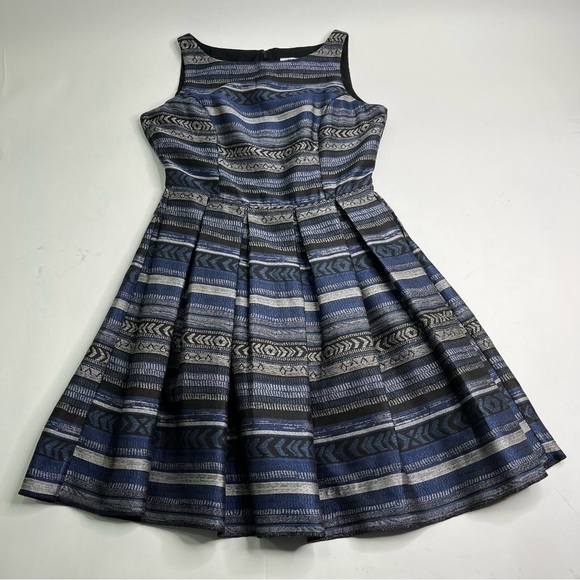 Bb Dakota Kinley Southwest Blue Grey Silver Retro Boat Neck Fit-n-Flare Dress - Picture 5 of 15